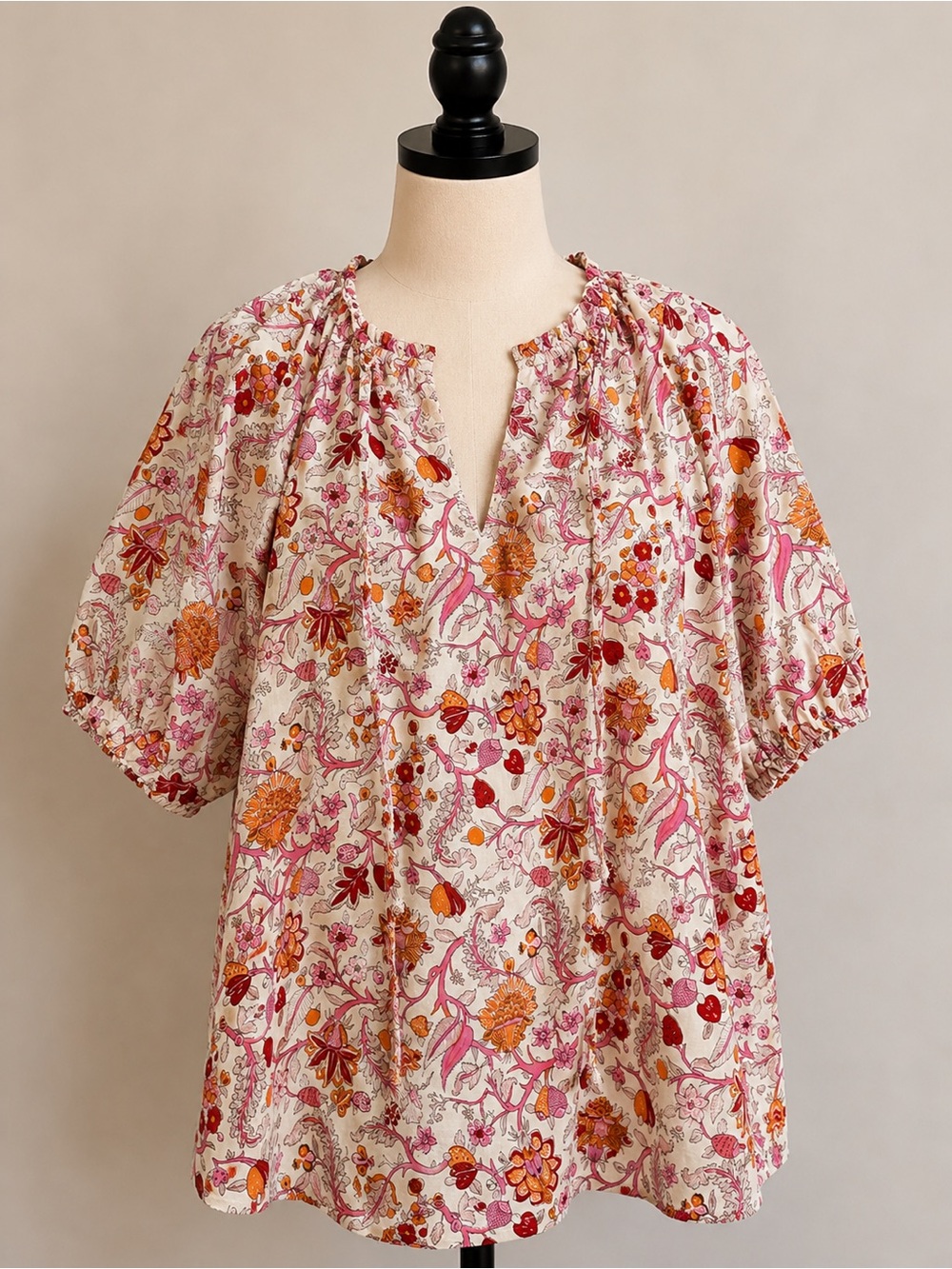 Floral Boho Peasant Blouse Puff Sleeve Cotton XL